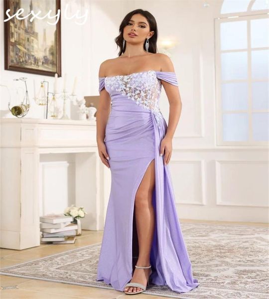 Vestidos de fiesta High Slit Lilac Prom Vestido 2024 Sexy Off Shoulder Lace Night Elegant Mermaid Ocasco formal Compromiso