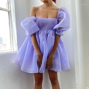 Robes de soirée Hirigin manches courtes bouffantes Style mignon femmes filles robe 2021 col carré coupe basse taille haute Tulle Tutu robe de bal Mini