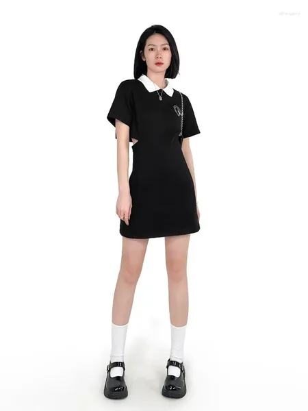 Robes de soirée Houzhou Summer Black Dress Femmes Preppy Style Doux À Manches Courtes Mini Creux Polo Col Coréen Mode Robe D'été