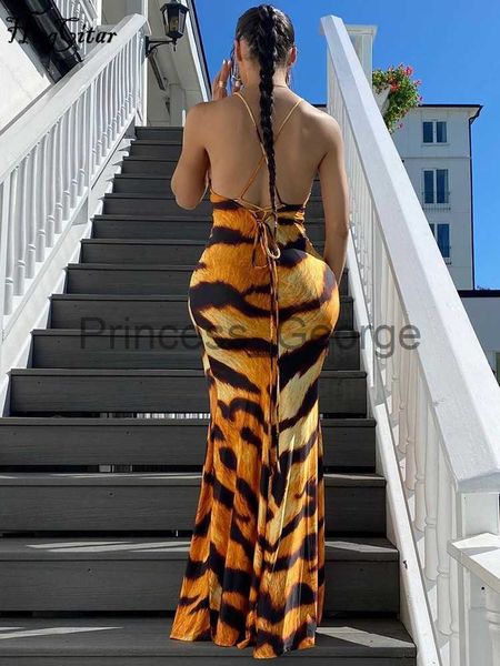 Vestidos de fiesta Hugcitar Tiger Print Sin mangas Sin respaldo Vendaje Slips Maxi Dress Sexy Bodycon Ropa de moda de verano Fiesta de calle al por mayor x0629