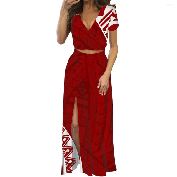 Vestidos de fiesta Hycool-Polynesian Tribal Red Tattoo Tonga Print V-cuello Vestido de manga corta para damas Casual Club Precio al por mayor 2023