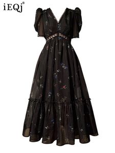 Robes de soirée IEQJ robes Vintage françaises pour les femmes d'été noir Floral col en v taille fermée Robe mi-longue mode femme Robe 3W5288 230322