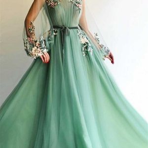 Feestjurken illusie illusie lange mouw formele avondjurk tule aline applique bloemen vestidos de festa longo mint groene prom jurken 220923