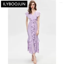 Feestjurken Ilyboojun modeontwerper Spring Mermaid Dress Women V-Neck Butterfly Sleeve plooien Ruches Highwaiste Elegant Long