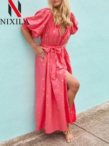 Feestjurken in de zomer dames lange jurk met riemliefde bedrukte lentern mouw vestidos de mujer strand casual boho maxi voor vrouwen