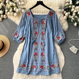 Robes de fête Indie Folk for Women Embroidery Square Collar Summer Robe Puff Sleeve A-Line Lace-Up Vestidos Female Print Drop