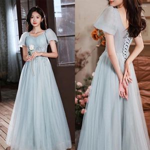 Robes de fête, c'est yiiya ciel bleu sans bretelles paillettes en ligne A-line lacet up-longueur courte manches tulle robe formelle femme A2773