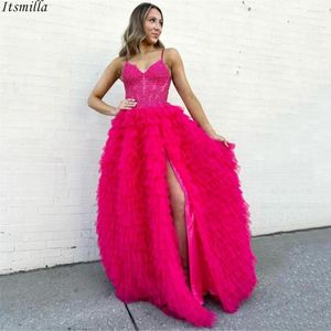 Robes de soirée Itsmilla A-ligne bretelles spaghetti longue bal avec volants tulle feuille dentelle corset haute fente robe de mariée rose