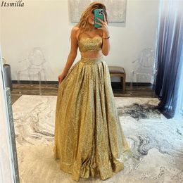 Robes de fête Itsmilla sans bretelles Soirée en deux pièces avec poches Femme Elegant Gold A-Line Backless Long Formal Prom Robe