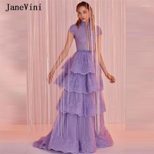Robes de fête Janevini 2024 Élégant léger violet long bal de bal de cou haut perlé une ligne appliquée en dentelle en tulle