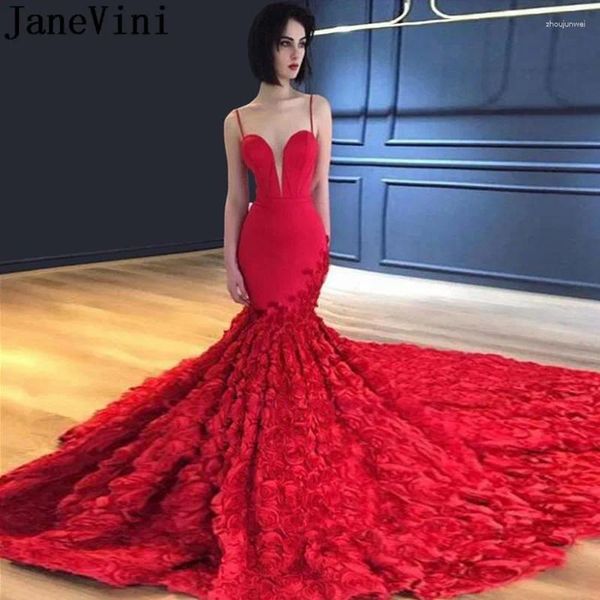 Vestidos de fiesta Janevini 2024 Long Red Prom With 3d Rose Flowers Court Train Trumprt Siren