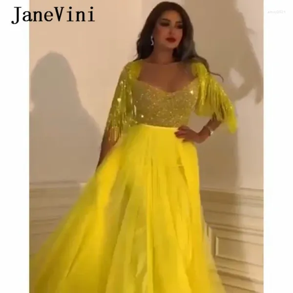 Robes de fête Janevini 2024 Luxury Per perle Tassel Dubai jaune long Prom une ligne demi-manche à paillettes scintillantes robe de gala en tulle plus taille