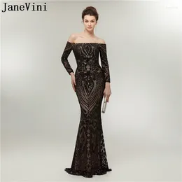 Robes de fête Janevini Africain Elegant Prom Sirène Bling Bling Long Manche Black Night Night Robe Arabe Gala Jurken 2024
