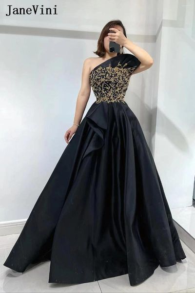 Robes de fête Janevini Elegant Black Long Soirée formelle avec des perles d'or One épaule Slit Satin Luxury Femmes Prom Robes 2024