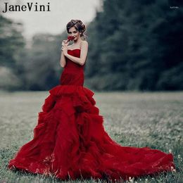 Robes de fête Janevini Wine élégant Sirène rouge Robe de bal de bal chérie volants à plusieurs niveaux Organza plus taille de gala