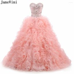Vestidos de fiesta Janevini Luxury Pink Prom Place Ball Vestido largo Aplique Aplique Boaded Ruffles Organza Princess Gowns Gala Jurken