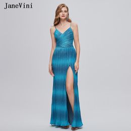 Vestidos de fiesta Janevini Sexy High Split Blue Mermaid Evening V Neck Sinkless Elegant Elegant Dress para mujeres Abendkleider 2024