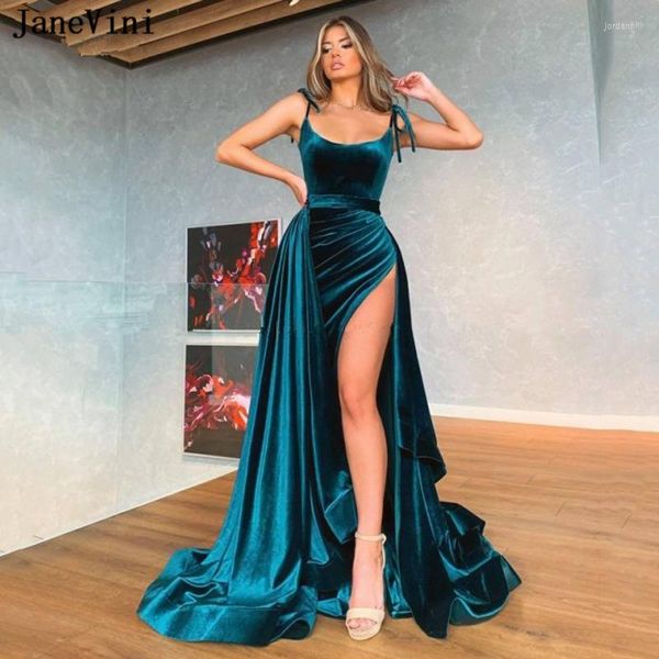 Robes de soirée JaneVini Robe de soirée sexy en velours avec train détachable Bretelles spaghetti Sirène fendue sur le côté pour les femmes Gece Elbisesi