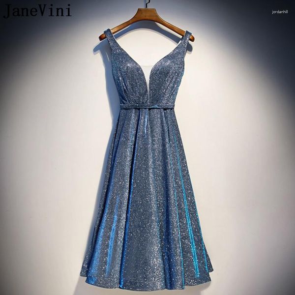 Vestidos de fiesta JaneVini azul brillante longitud media noche mujeres para boda cóctel Sexy cuello en V una línea vestidos formales 2023