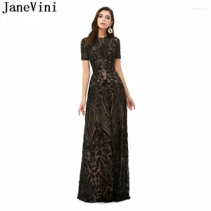 Feestjurken Janevini Sparkly Black-pailletten Long Prom 2024 Korte mouw Shiny o-neck vloer lengte avondjurk plus size abendkleider