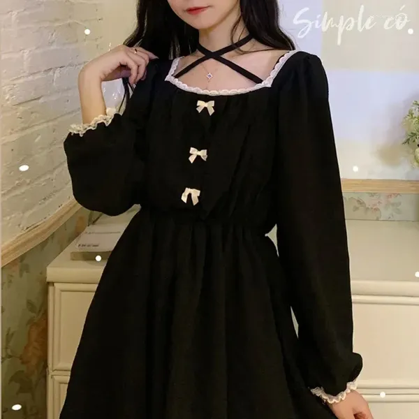 Robes de soirée japonaises Lolita gothique robe femmes noir mignon Vintage Kawaii décontracté manches longues Y2k 2024 Harajuku noeud papillon