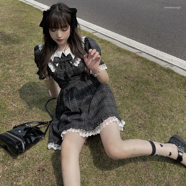 Vestidos de fiesta japonés suave chica Lolita gótica Harajuku oscuro gótico encaje princesa vestido lindo muñeca Collar arco cintura delgada tartán Mini