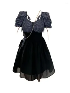 Robes de fête streetwear japonais robe corset manche bouffée gyaru kpop plaid A-line patchwork hauteur taille slim slim preppy style gothique