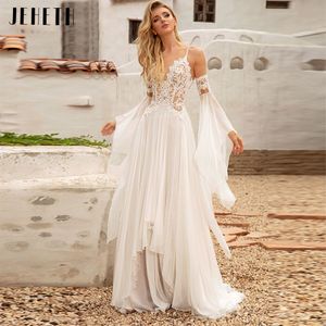 Robes de soirée JEHETH Élégante En Mousseline De Soie Col En V Boho Mariage Dres Plage Appliques Bretelles Spaghetti Hors Épaule Dos Ouvert Robe De Mariée 230306