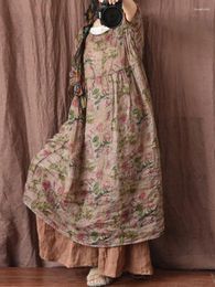 Robes de soirée Johnature femmes Vintage Ramie imprimé robe florale 2024 été col rond manches courtes taille haute Robes décontractées