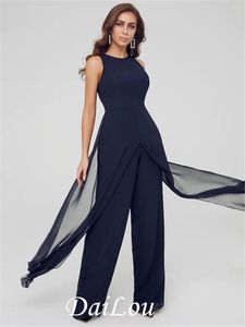 Robes de soirée Combinaisons Élégant Invité De Mariage Robe De Soirée Formelle Jewel Neck Sans Manches Étage Longueur En Mousseline De Soie Avec Drapé Split 2023