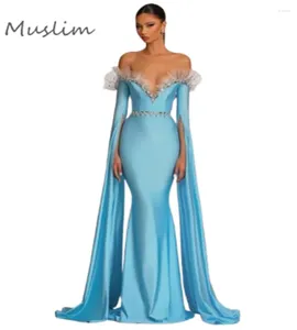 Feestjurken Kaftan Morrokan Blue Prom met mouwen van schouders Rhinestone Mermaid avondjurken Dubai Abayas formele kleding 2024