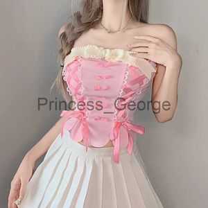 Party Jurken Kawaii Boog Roze Corset Crop Tops Vest Vrouwen Vrouwelijke Harajuku Mouwloos Off Shoulder Ondergoed Backless Bustier Top Y2k Kleding x0629