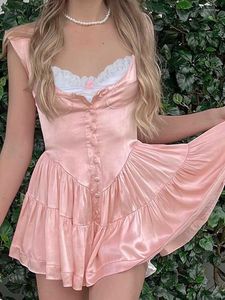 Robes de soirée Kawaii dentelle soirée Mini robe Y2K 2023 col en V bretelles pour femme sans manches rose robe d'été esthétique fée vêtements