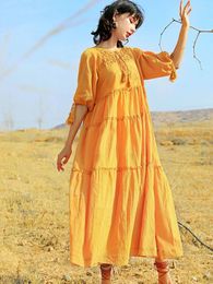 Vestidos de fiesta khalee yose vintage boho amarillo midi vestido de cuello de cuello