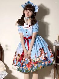 Robes de soirée Kimokokm Lolita Style Sweety Girly Robe Kawaii O-Cou Bow Couleurs contrastées Jardin Impression Manches bouffantes Dentelle Volants