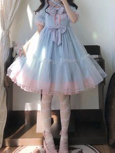 Robes de soirée KIMOKOKM Belle Lolita Princesse Dentelle Cosplay Robe Col Carré Couleurs Contrastantes Arc Volants Manches Bouffantes Douce Girly