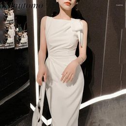 Feestjurken kimutomo big boog satijn wit jic chic design mouwloze hip dames avond Koreaanse eenvoudige vestidos