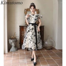 Robes de fête kimutomo ébourils manches volantes robe broderie lace up up bow midi célébrité de style princesse robe de soirée