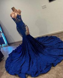 Robes de fête King Blue Velvet African Prom Dreses For Women Luxury Crystal Offing Corset Two Pieces Sveny Cérémonie Vetestido de Festa