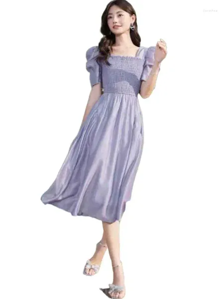 Robes de fête Fashion coréenne Elastic Slim Fit Puff Sleeve Artificial Silk Robe Summer Fairy Lyocell Autunm Lavender