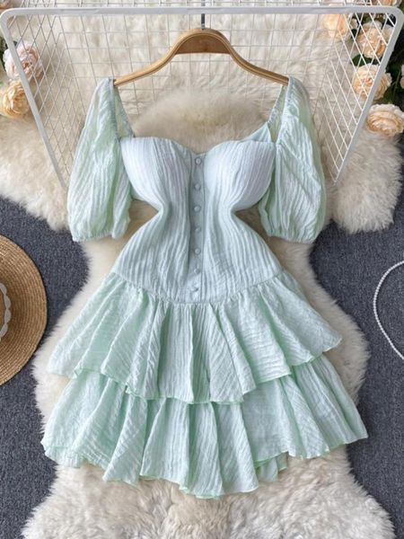 Robes de soirée mode coréenne pour femmes, robe d'été élégante, Mini col carré, manches courtes, deux couches, volants, robe de bal, 2023