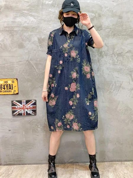 Vestidos de fiesta Coreano Turn Down Collar Camisa Vestido Ropa 2024 Verano de las mujeres Impreso Floral Denim Ladies Casual Elegante Vestidos largos