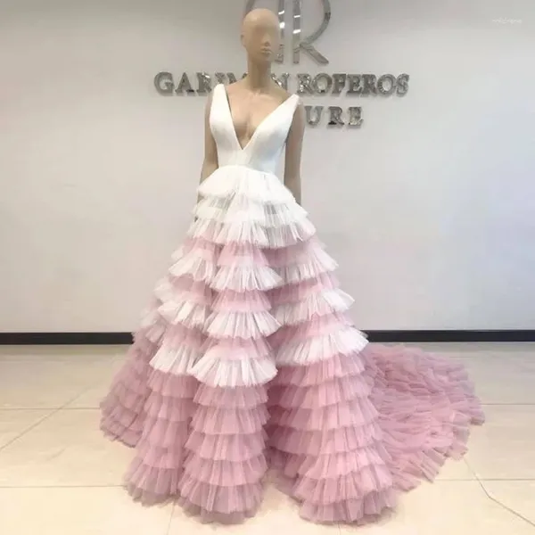 Robes de fête KSDN Robe de soirée rose et blanc de luxe sans manches en V V-col