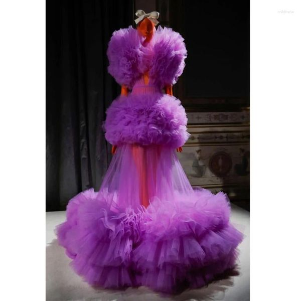 Vestidos de fiesta Ksdn Purple Forn Vesting Ruffles sin mangas en V-cuello Longitud de la longitud del piso Organza Evento especial de fiesta