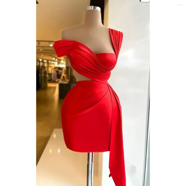 Robes de fête Ksdn Sexy Red Prom Dress Femmes Bèvre courte mini jupe satin au-dessus du genou Illusion de l'épaule Elegant Evening