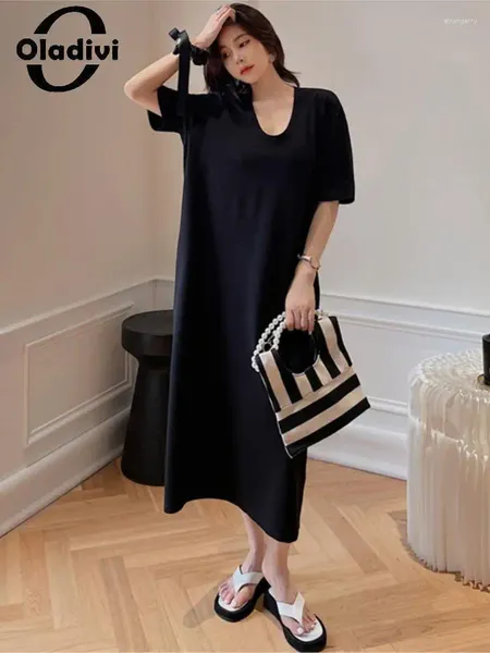 Vestidos de fiesta l-3xl big size mujeres sólido color negro algodón midi midi estilo coreano damas casuales de gran tamaño 6900