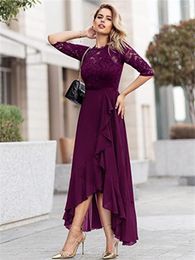 Feestjurken Dames Elegant Floral Lace Ruffle Cocktail Prom Dress Flowing Chiffon Three Quarter Sleeve Design Bridesmaid Maxi