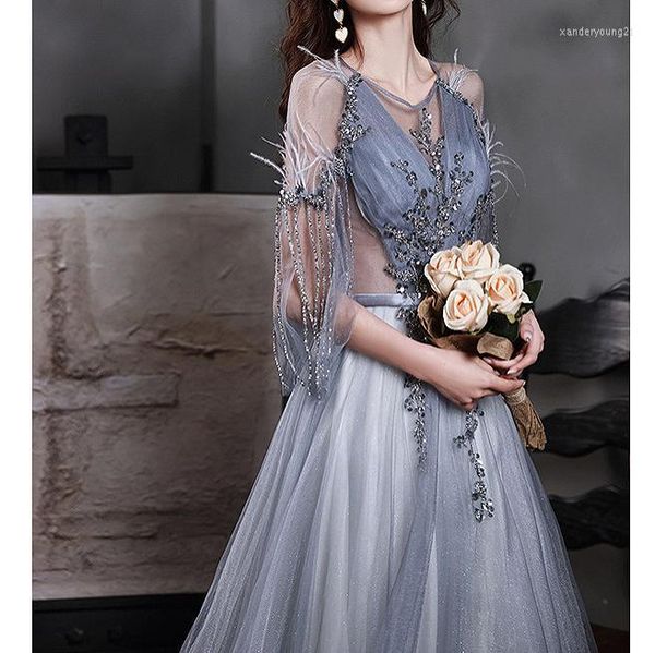 Robes de soirée demoiselle d'honneur bleu lac avec manches châle en dentelle perlée A-ligne robes de soirée de bal de luxe pour mariage formel