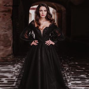 Robes de soirée Lakshmigown Noir Dres Puffy Manches Longues Robes De Mariée Robe Longo Festa Chérie Perlée Gothique De Mariée 230328