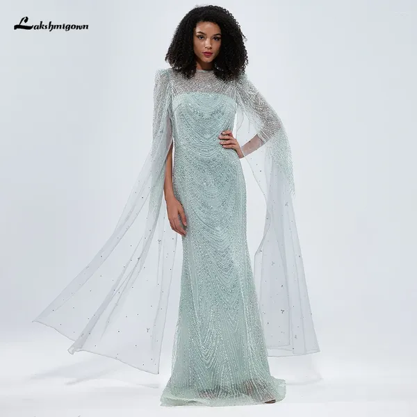 Robes de fête Lakshmigown Turquoise Cape Sleeves Luxury perle sirène arabe robe de soirée pour les femmes mariage